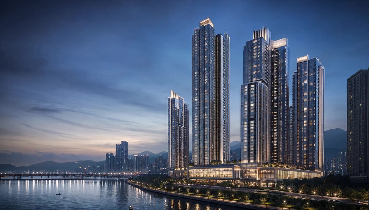 르엘 리버파크 센텀 AI 건축 비주얼: 해운대 센텀시티, 부산 최초 르엘, 2,070세대 최고 67층 하이엔드 단지